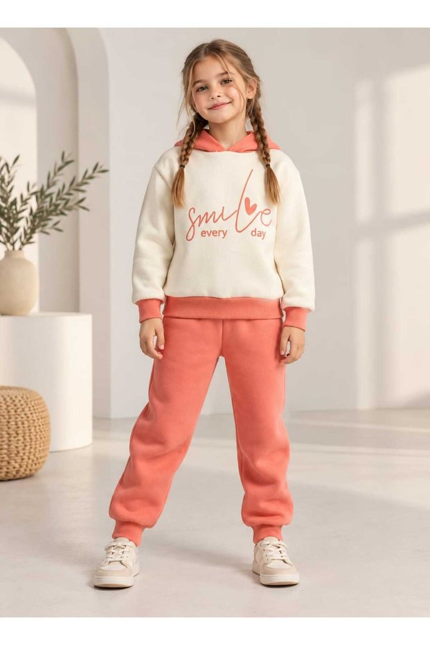 Girl's Hoodie, Thick Winter Fleece-Lined Bottom-Top Set- Fleece-Lined