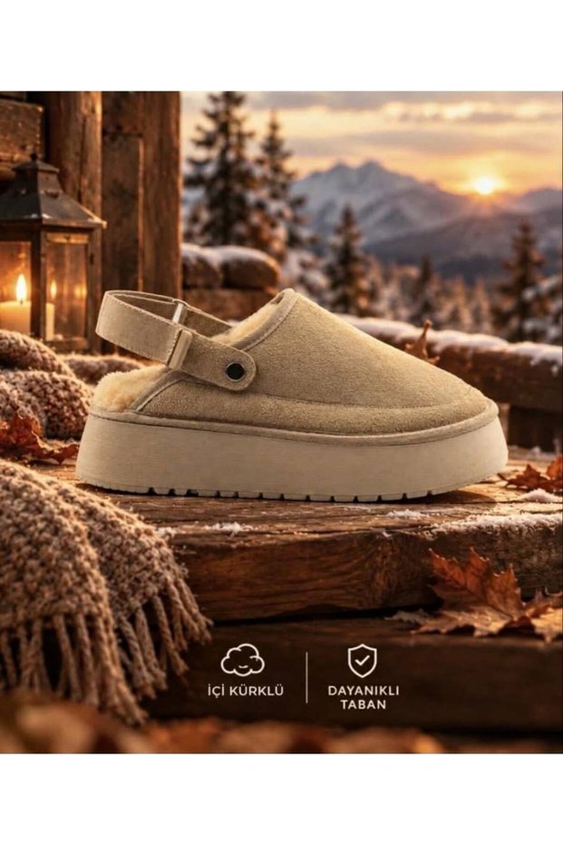 Women's Platform Beige Slippers with Fur Inside and Adjustable Velcro on the Back 9000-102