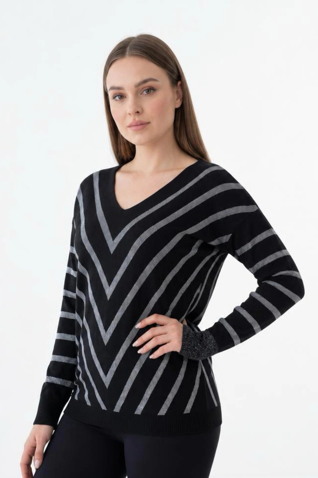 Women's Black V-Neck V Sim Striped Lycra Thin Knitwear Soft Textured Sweater
