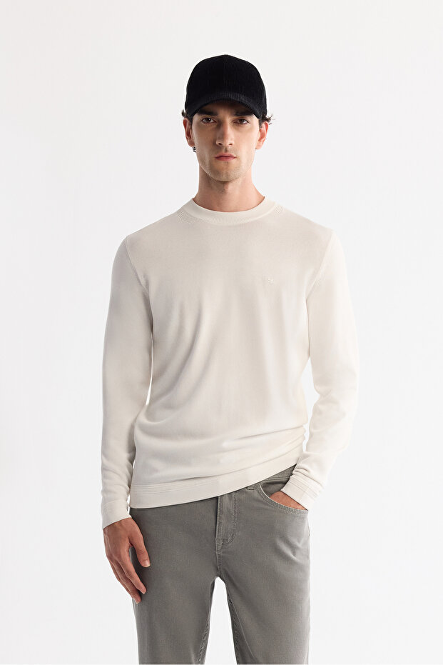 Men's Ecru High Crew Neck Rayon Non-Pilling Regular Fit Knitwear Sweater A42Y5001