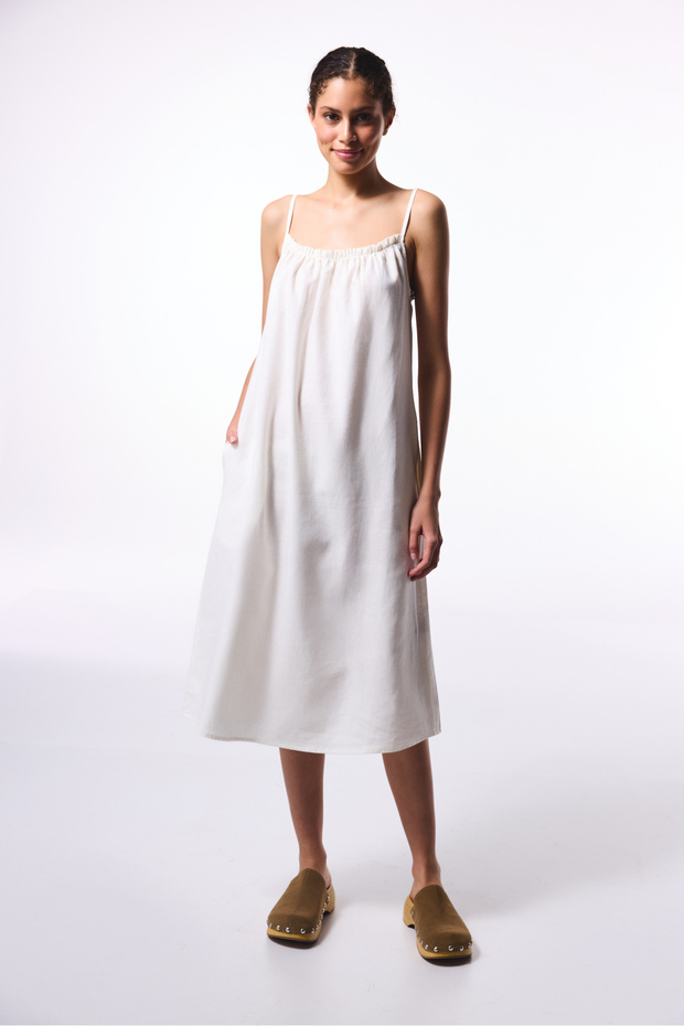 White Natural Linen Square Neck Long Dress