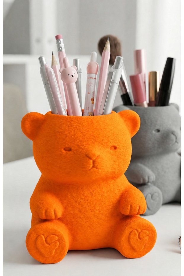3D Printed Cute Bear Pencil Holder - Desktop Organizer - Orange Bzeldr05