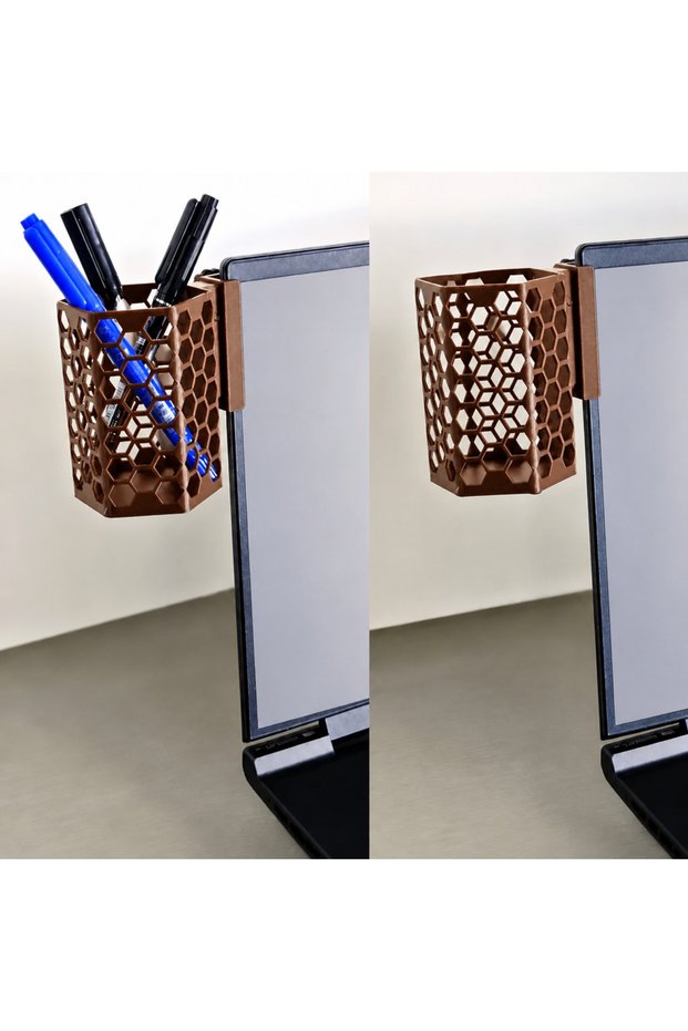 3D Printing Monitor Pen Holder - Honeycomb Pattern Laptop Edge Hexagonal Pen Holder - Brown
