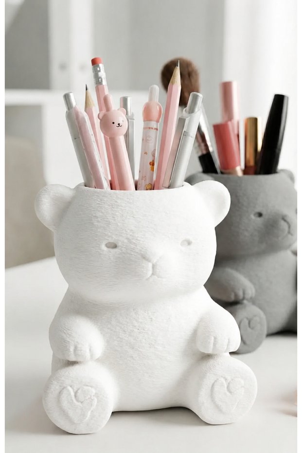 3D Printed Cute Teddy Bear Pen Holder - Desktop Organizer - White