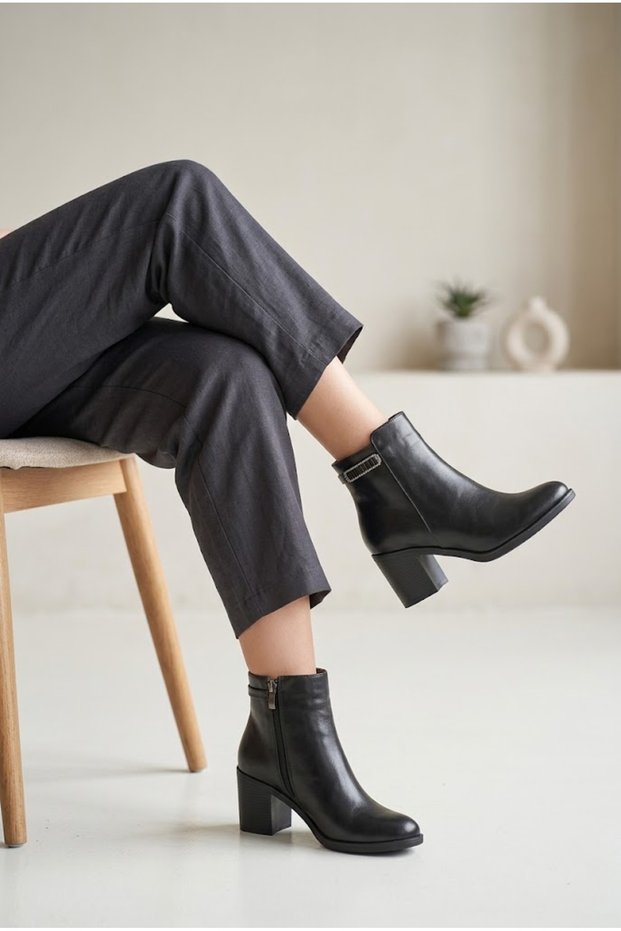 Women's Leather Textured Minimal Buckle Detailed Thick Block Heeled Zippered Stylish Boots