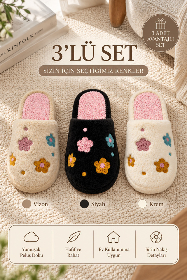 Women's 3-Piece Cream Mink Black Flower Embroidered Furry 3 cm House Slippers Set Byndset11