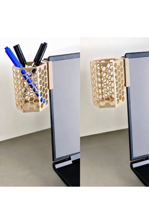3D Printing Monitor Pen Holder - Honeycomb Patterned Laptop Edge Hexagonal Pen Holder - Beige