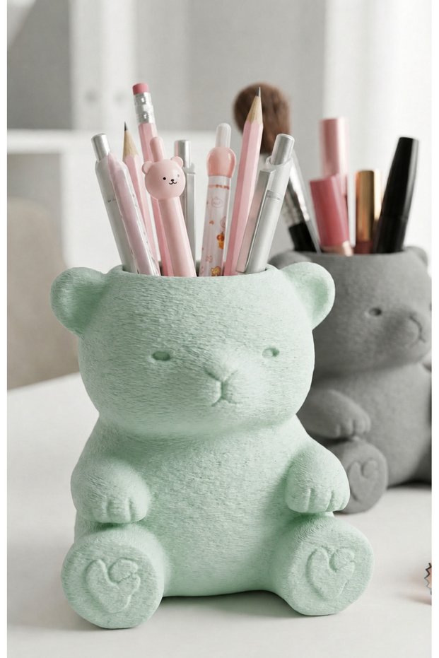 3D Printed Cute Teddy Bear Pen Holder - Desktop Organizer - Mint