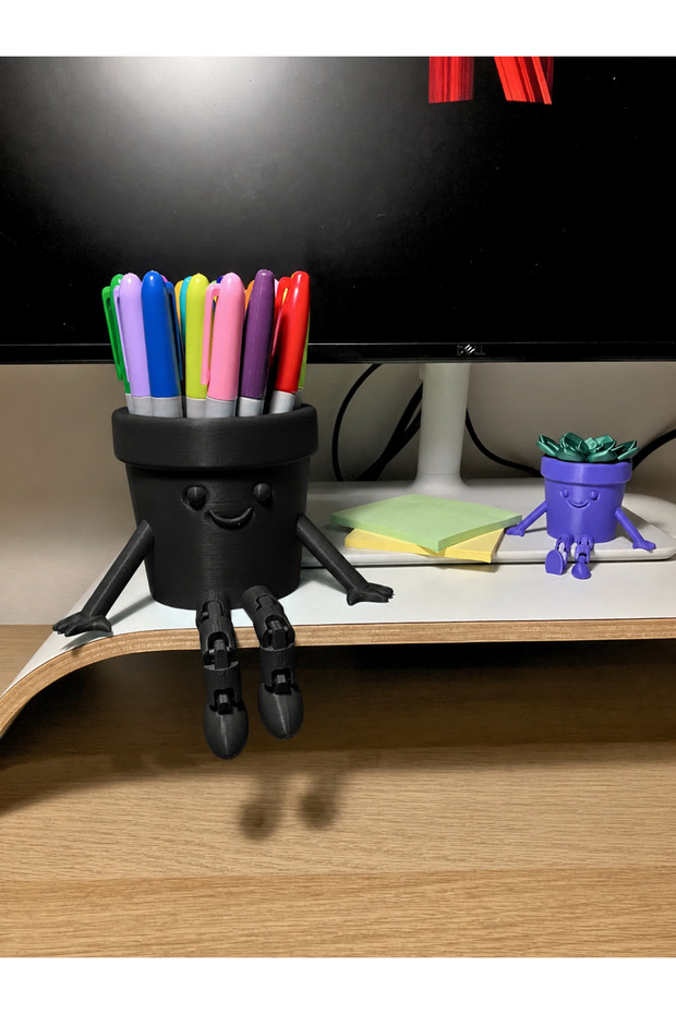 3D Printed Movable Smiley Pen Holder - Articulated Desktop Organizer - Black