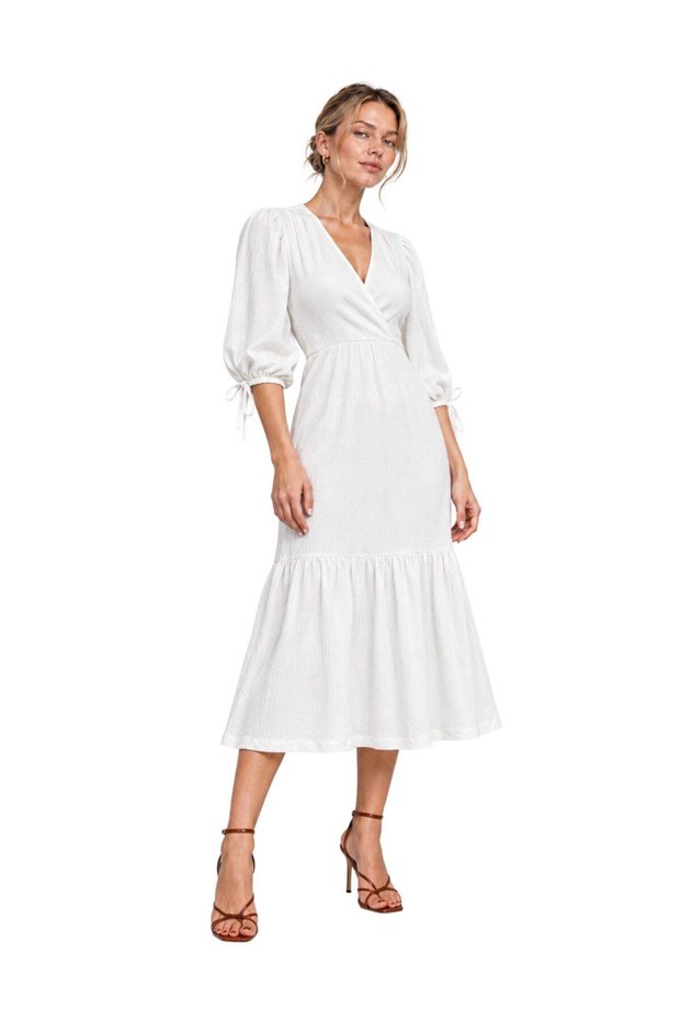 Vs-1025 White Double Breasted V-Neck Balloon Sleeve Ruffle Skirt Midi Dress