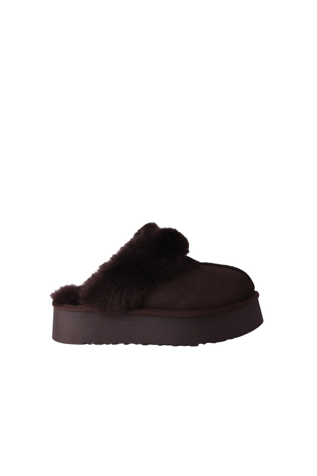 Genuine Suede Leather Fur Heeled Women's Slippers Thermo Sole Brown Platform Closed Front
