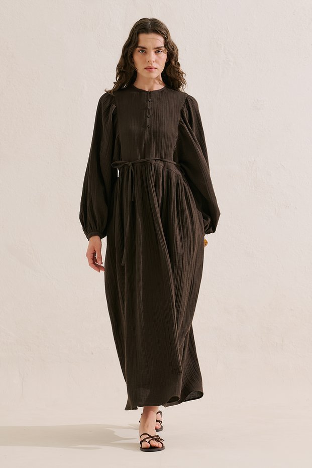 Muslin Volume-Enhanced Long Dress Dark Brown