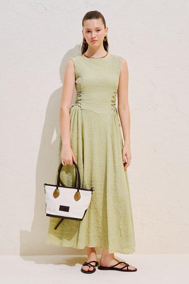 Textured Side-Tie Sleeveless Dress Çağla