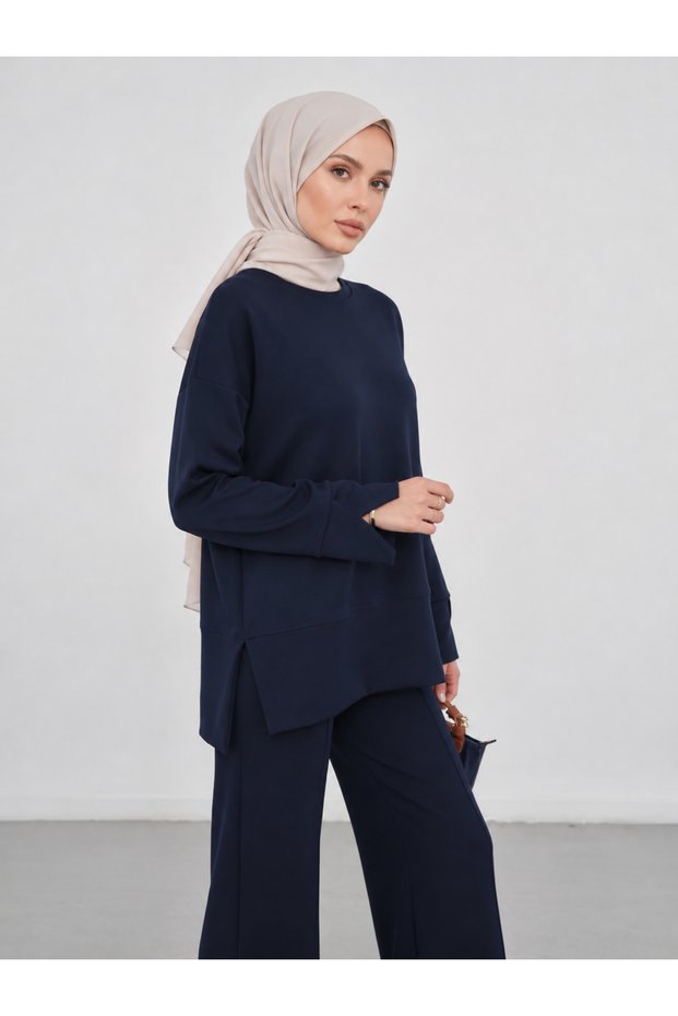Women's Navy Blue Slit Detailed Modal Fabric Hijab Oversize Basic Tunic Long Sleeve Sweatshirt