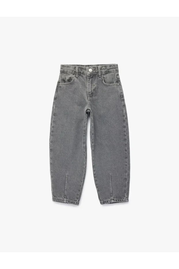 Cotton Stitched Detailed Pocketed Balloon Cut Denim Trousers for Girls - Gray