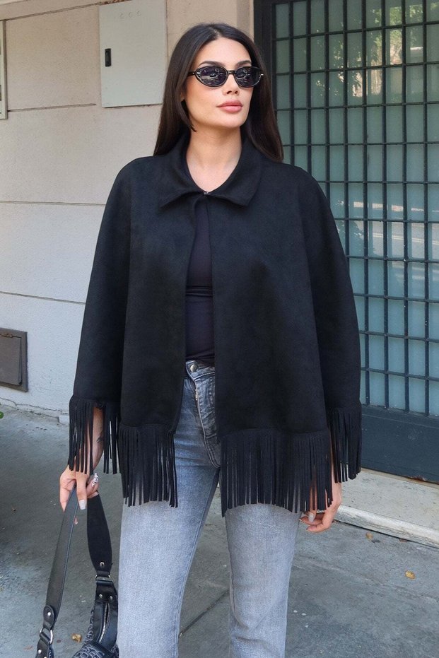 Suede Fabric Tasseled Cape Black