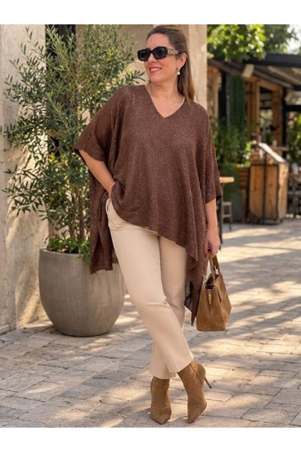 Women's V-Neck Oversize Glittery Knitwear Poncho