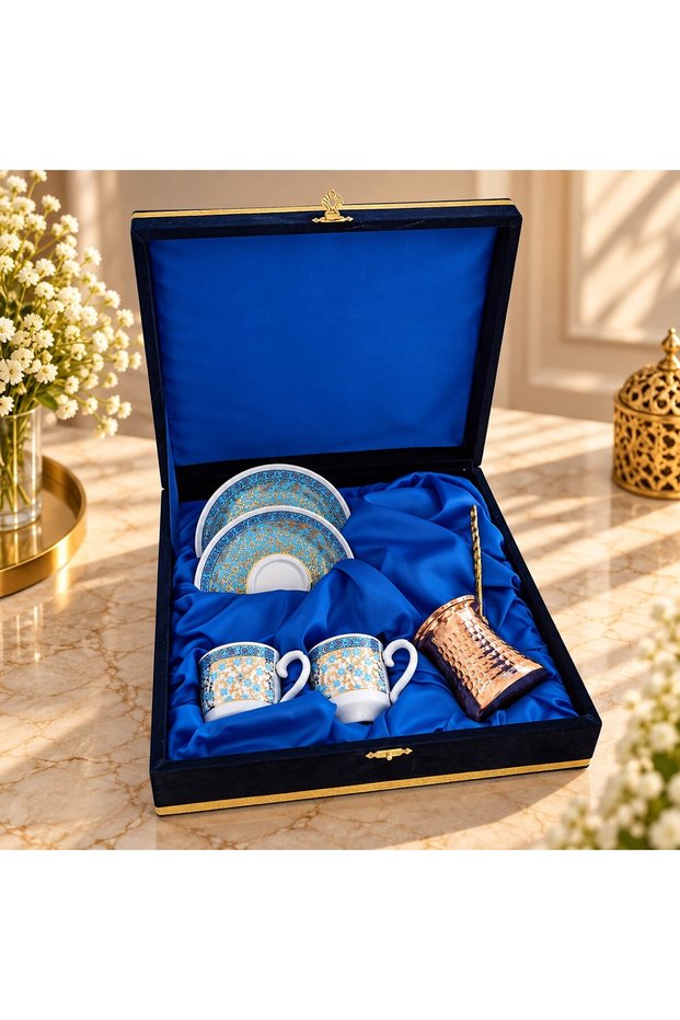Gilded Double Porcelain Cup Set with Velvet Box and Copper Coffee Pot