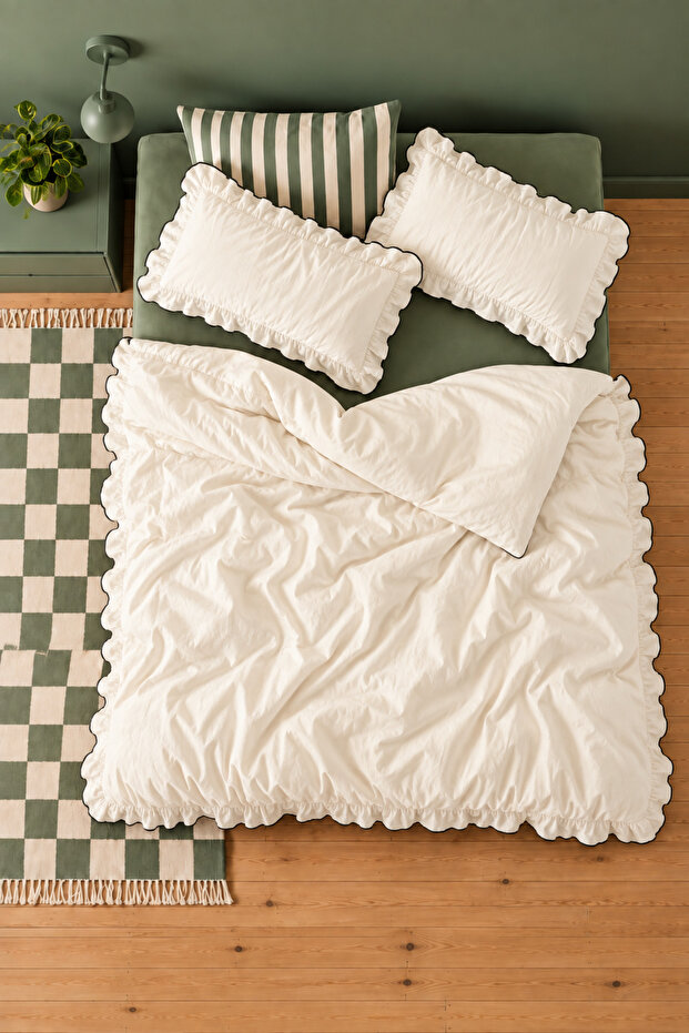 Double Duvet Cover Set 100% Cotton Decorative Overlocked Ruffled 200 x 220 cm