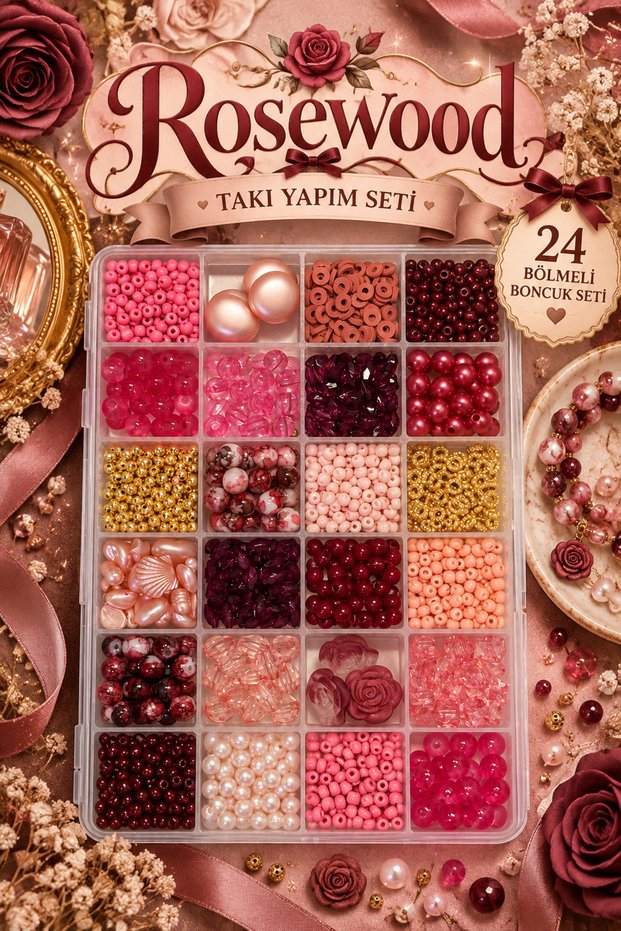 Rosewood Romance 24 Compartment Bead Jewelry Making Set – Necklace Bracelet Making Kit, Pearl Crystal and Figure Beads