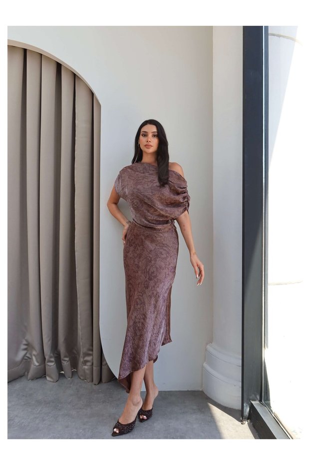 Draped Cowl Neck Asymmetric Dress