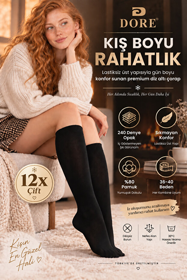 Original Women's 12 Pairs of Premium Cotton Below-Knee Socks, Non-See-Through, Opaque, Non-Rubberized, Non-Pressing, Non-Marking, Breathable, Skin-Friendly, Soft Textured, All-Day Comfort, Luxury Women's Socks | 12-Pack Black