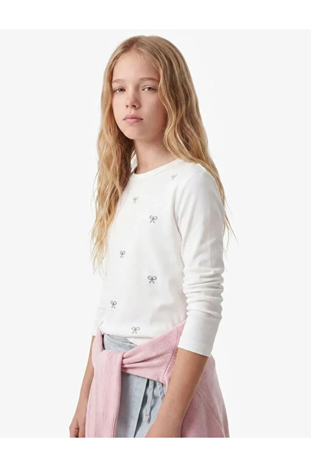Long Sleeve Crew Neck Cotton T-Shirt with Bow and Stone Detail