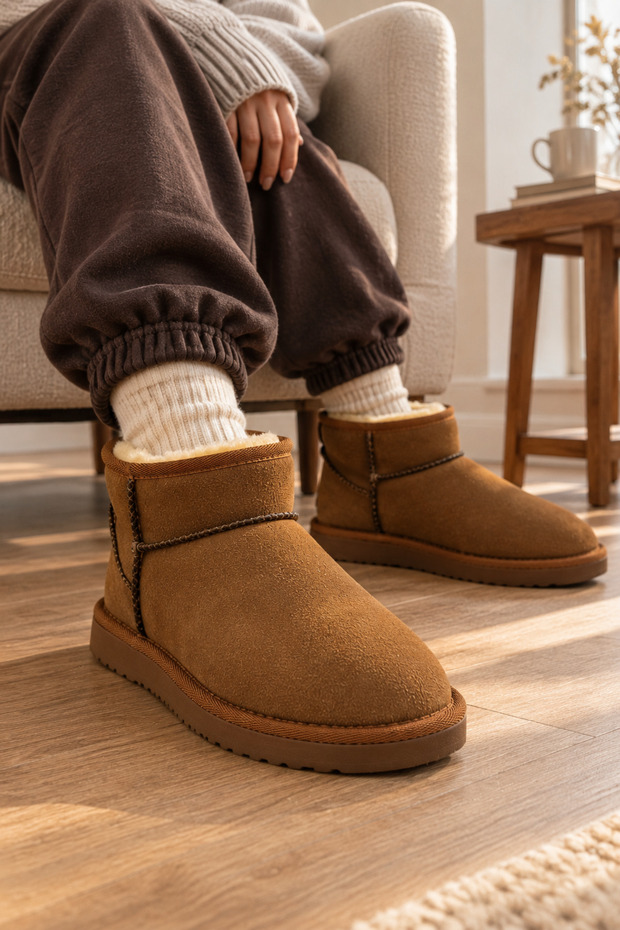 Classic Ultra Mini Platform Chestnut Mini Tan Suede Fur Lined Thin Sole Women's Boots