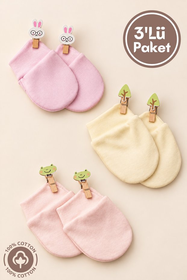 Baby Girl Newborn Combed Organic Cotton Baby Gloves Set of 3 - Colorful