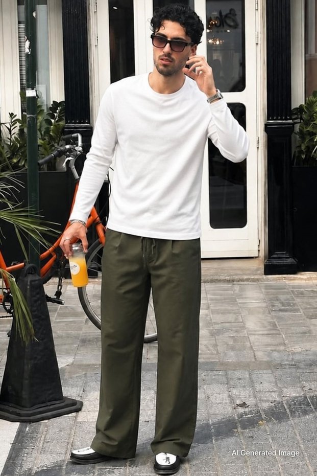Men's Khaki Wide Leg Tie Waist Pants E7403