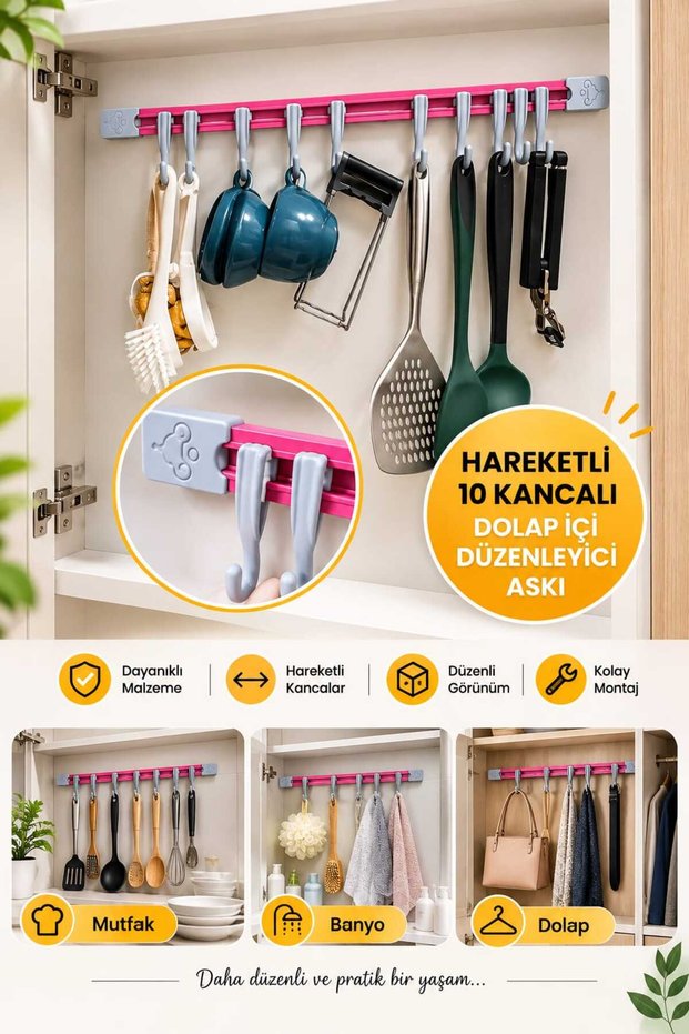 Adhesive Organizer Hanger with 10 Hooks Behind Kitchen Cabinet - Movable Ladle and Storage Hanging Hanger
