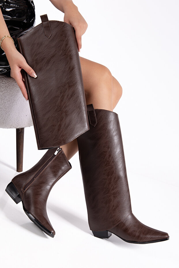 Women's Black Leather Detachable Boots and Heeled Boots