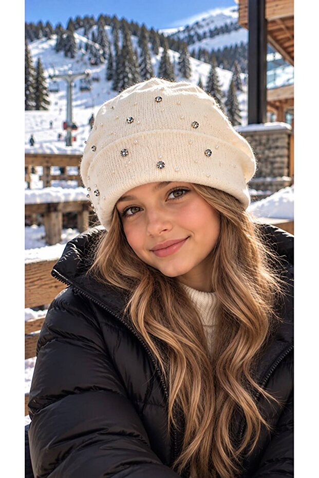 Ecru Pearl and Stone Embroidered Girl's Beret 7-12 Years Old