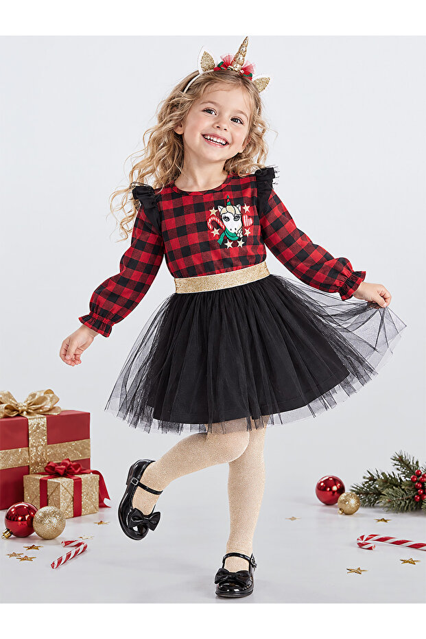 Unicorn Plaid Tulle New Year Girl Red Dress