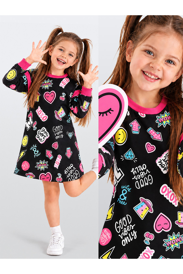Girls' Winter Slogan Printed Black Long Sleeve Dress 4-10 Years