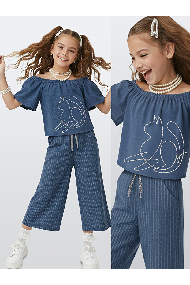 Girls' Set Denim Look Blouse Trousers Woven Summer 4-10 Years