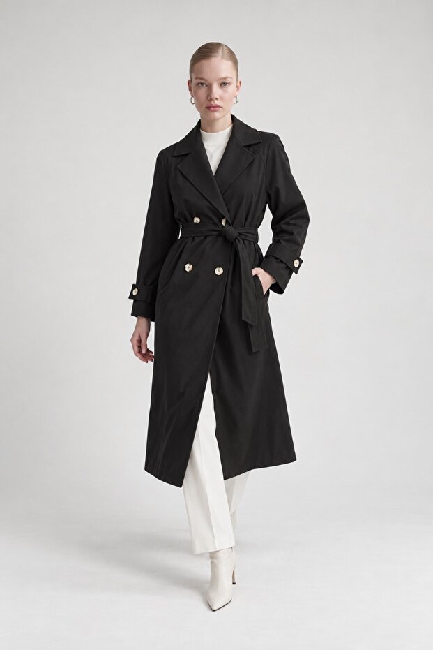 Midi Length Belted Trench Coat Black