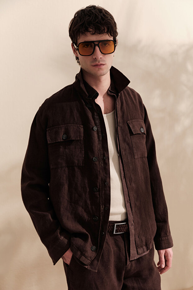 Men's Brown Classic Collar Breathable 100% Linen Comfort Fit Shirt Jacket A61Y2540