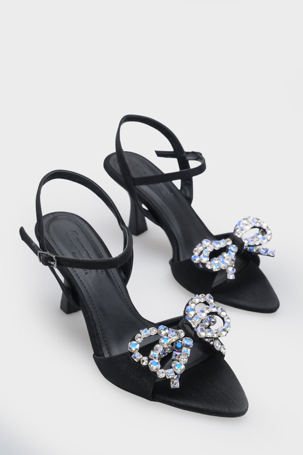 Cissie Pointed Toe Stoned Ankle Strap Satin Mid-Heeled Women's Shoes