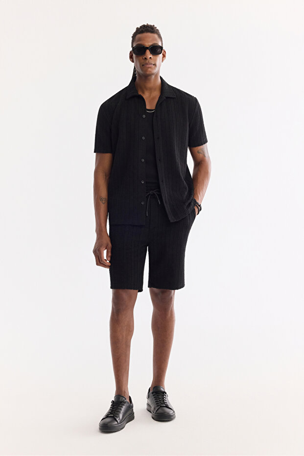 Men's Black Elastic Waist Cotton Jacquard Regular Fit Shorts A61Y3632