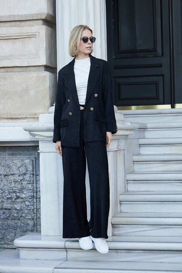 Women's Velvet Denim Collared Long Sleeve Blazer Jacket with Pocket Flaps - Black