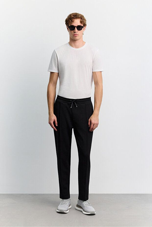 Men's Black Elastic Waist Lace-Up Ribbed Side Zipper Pocket Interlock Jogger A62Y3419