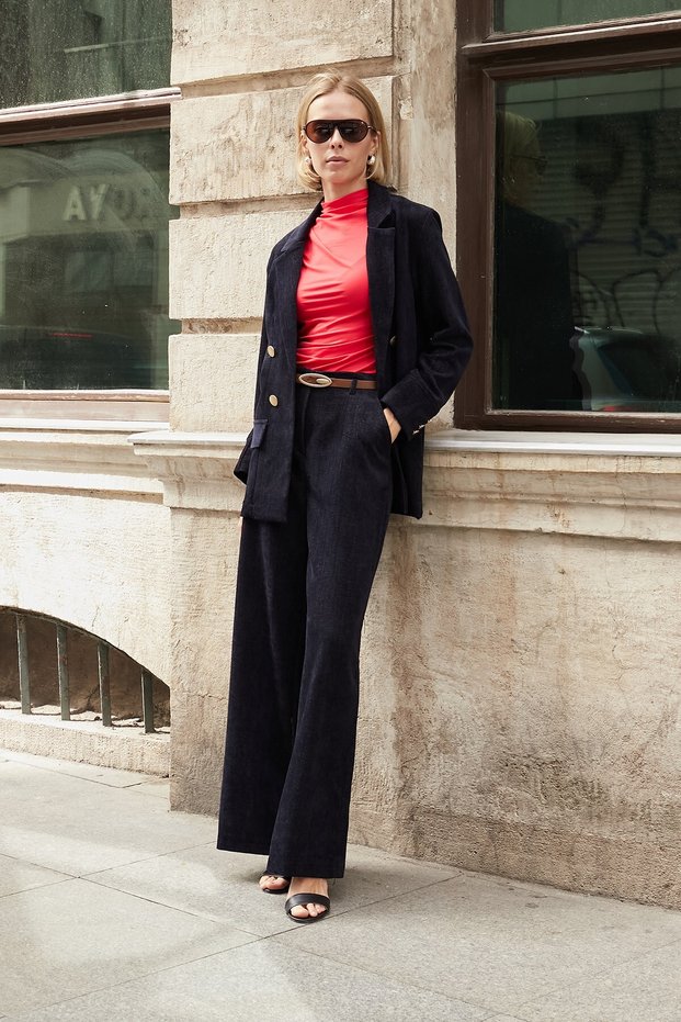 Women's Velvet Jeans High Waist Side Pockets Wide Leg Palazzo (Belt Included) Trousers-Navy Blue