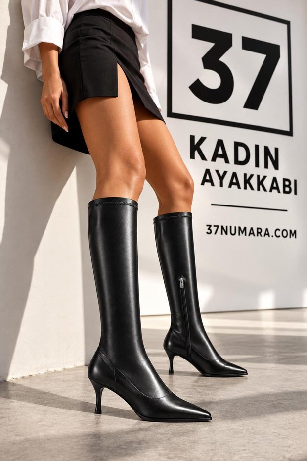 Large Size Women's Stretch Boots 42-43-44-Black Genuine Leather