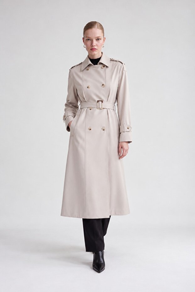 Apoletli Faux Leather Trench Coat Stone