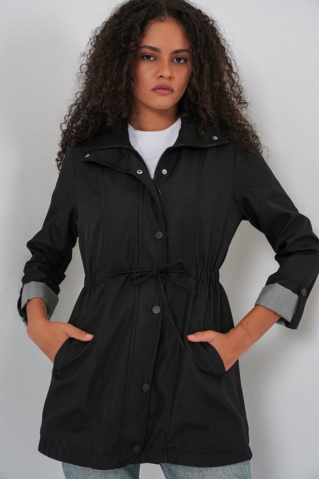 10322 Gathered Waist Trench Coat - Black