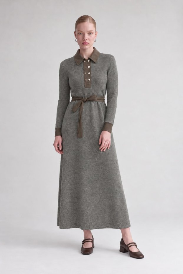 Suede Garnished Cashmere Dress Khaki