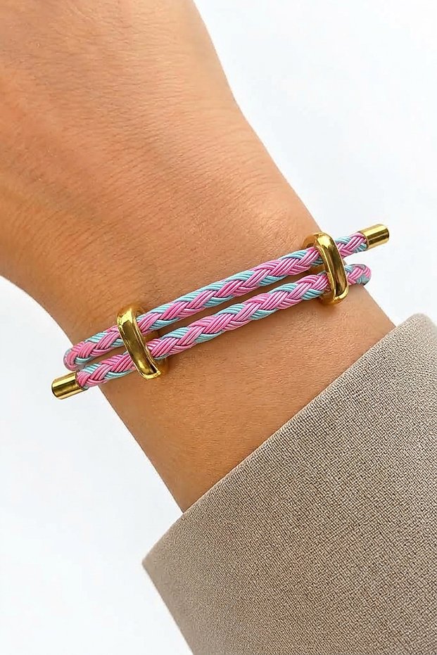 Detailed Adjustable Knitted Rope Women's Steel Bracelet Pink Turquoise Does Not Tarnish Does Not Lose Color