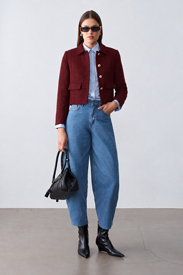 Women's Gold Button Blazer Burgundy Tweed Jacket