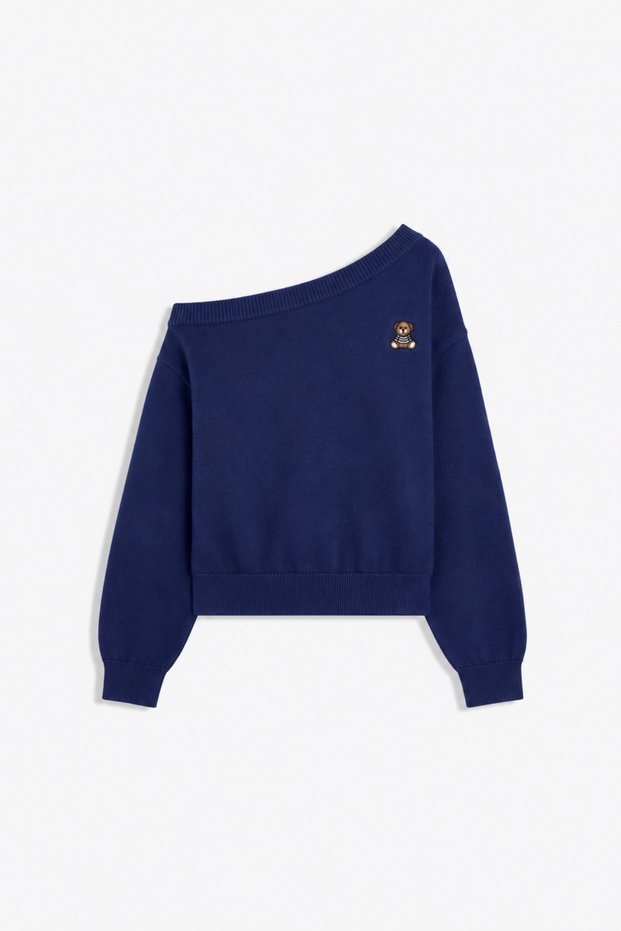 7072 Women's Teddy Bear Embroidered Boat Neck Oversize Knit Sweater Navy Blue